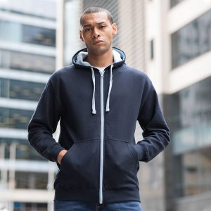 Zip-up Unisex Warm Hoodie - Contrast Inner Hood & Flat Lace Drawcords - Poly/Cotton Zoodie